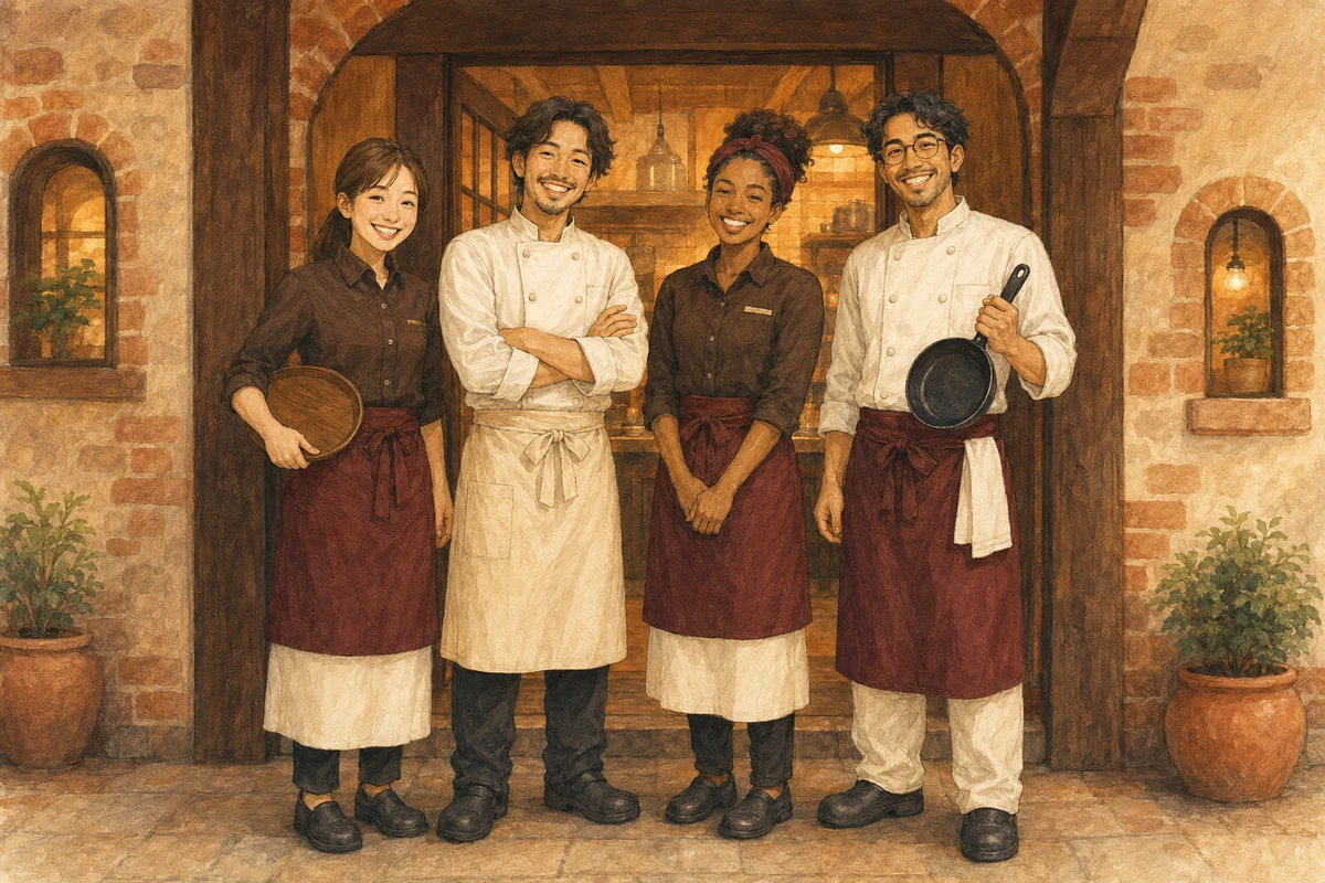 tontonbooの店先で笑顔で並ぶホールスタッフ2名とキッチンスタッフ2名のイラスト